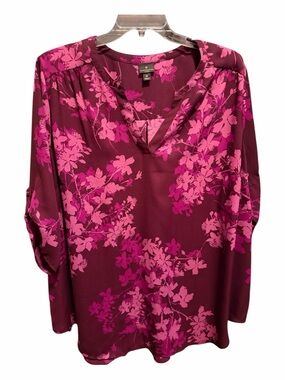 Floral Split-Neck Tunic in Berry Pink by Worthington